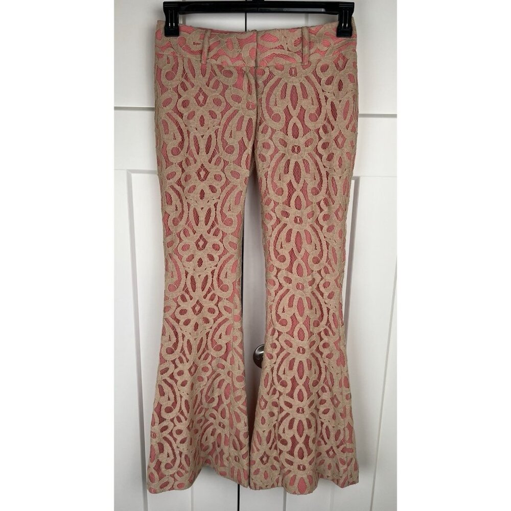 Georgie Lace Overlay Pants Sz 0 Pink Beige Made USA Flare Boho 32 Inseam